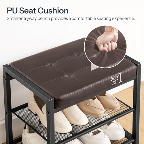 HOOBRO Small Shoe Bench, 3-Tier Shoe Rack, Shoe Storage Bench with PU Seat Cushion, Entryway Shoe Rack Bench with Metal Mesh Shelves, Freestanding Shoe Organizer for Hallway, Brown CB33HX01 - color: Brown + Black