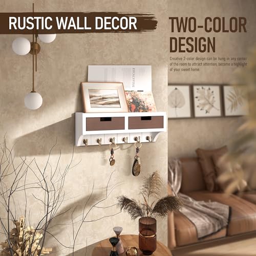 Modern Key Holder Wall Mount Combo - Elegant 2-Color Key Rack with 2 Drawer Organizer and Decorative Mail Organizer – Perfect for Home Decor & Organization (White & Retro Brown)