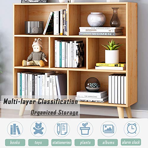 IOTXY Wooden Open Shelf Bookcase - 3-Tier Floor Standing Display Cabinet Rack with Legs, 7 Cubes Bookshelf, Pear Yellow - color: Pear Yellow, size: 80CM