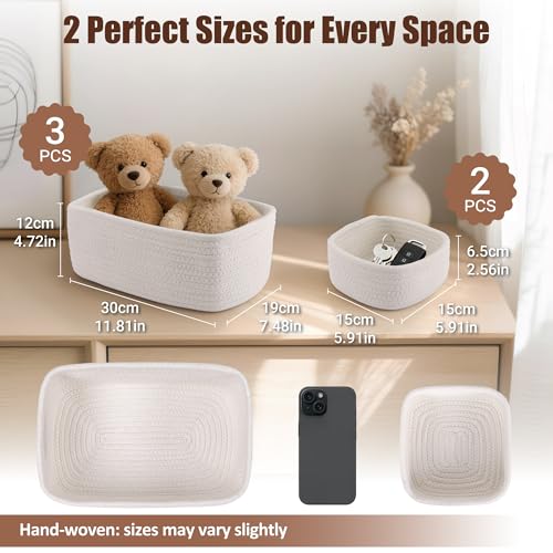 5-Pack Small Woven Rope Storage Baskets – 2 Sizes Organizer Bins for Closet, Shelf, Bookshelf, Nursery, Changing Table, Fabric Cube Boxes, Rectangular Shallow Bins for Bathroom, Toy & Home - color: White