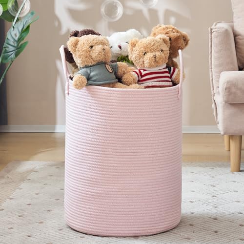 YOUDENOVA Woven Rope Laundry Hamper, 58L Tall Luandry Basket, Baby Nursery Hamper for Blanket Storage in Bedroom-Large-Pink - color: Pink, size: Tall (58L )