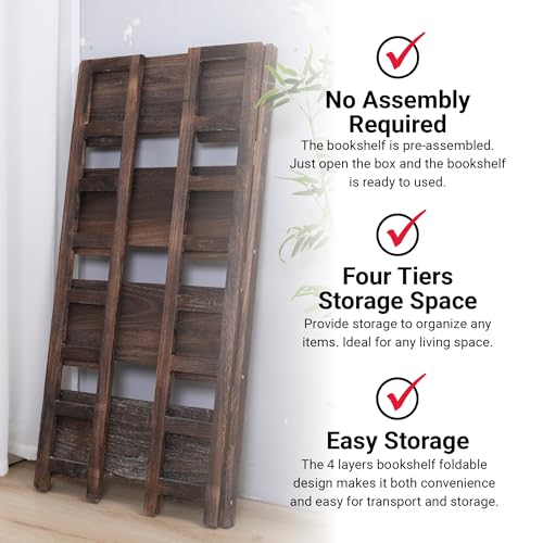 Proman Products - Hickory Bookshelf, Folding Bookshelf, Wooden Storage Shelves (4 Tiers, Rustic Brown) - size: 4 Tiers
