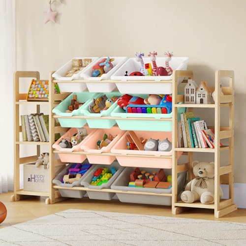 EXPERLAM Extra Large Toy Storage - Toy Storage Organizer, Wooden Toy Organizer with 6 Side Shelves and 12 Bins, 3-in-1 Bookshelf for Kids Rooms, Playroom, Nursery, Multi Color - color: Multi Color, size: 52 inches (L) x 11 inches (W) x 31.5 inches (H)