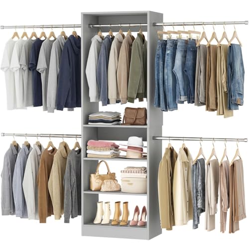 Homieasy Closet System, 4.5-11.5 Ft Expandable Closet Organizer with 5 Hanging Rods, Walk-in Wood Closet Organizer System with Storage Tower, Heavy Duty Garment Rack Wardrobe for Bedroom, Gray - color: Gray