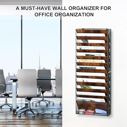 TQVAI 12-Tier Hanging Wall File Organizer - Folding Wall Mounted Mail Document Holder, Metal Clipboard Storage Rack for Office, Homeschool, Classroom Organization, Black/Vintage - size: 12 Tier