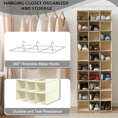 coastal rose Hanging Shoe Organizer for Closet, 30 Sections Hanging Closet Organizers and Storage Shelves Space Saving Shoe Rack Holder, Beige, 17''W×11.5''Dx 48''H - color: Beige