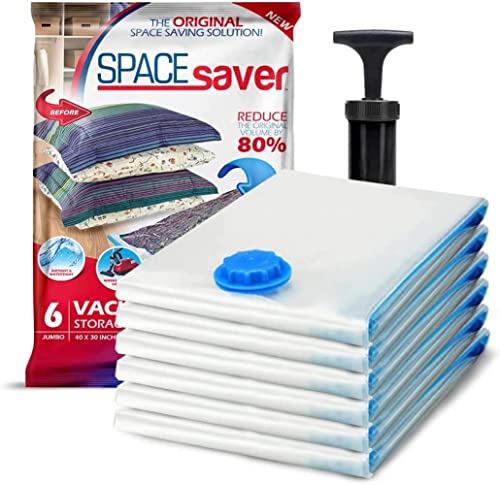 6 Pack Jumbo Vacuum Storage Bags for Comforters, Blankets & Clothes – Vacuum Sealed Compression Bags with Hand Pump – Space Saver Storage Bags for Bedding, Moving, Travel & Organization - size: 6 Jumbo Bags