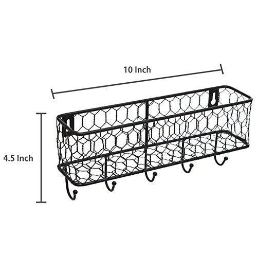 MyGift Wall Mounted Metal Entryway Mail Holder and Key Organizer Rack with 5 Hooks, Decorative Storage Basket and Hanger Hooks for Keys, Lanyard, Keychain, Light Coat