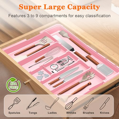 Spaclear Large Utensil Drawer Organizer Expandable Silverware Organizer for Kitchen Drawer Adjustable Cooking Utensil Holder Cutlery Flatware Tray Spatula Tools Gadgets Storage Dividers Plastic Pink - color: Pink