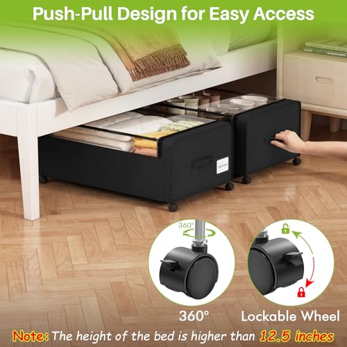 Webetop Under Bed Storage Containers with Wheels,12 inch Under the Bed Storage Bins with Clear Lid for Underneath Small Spaces Dorms, Blankets (2 Pack, 30.7"x17.3"x12") - color: Black, size: 12 inch height