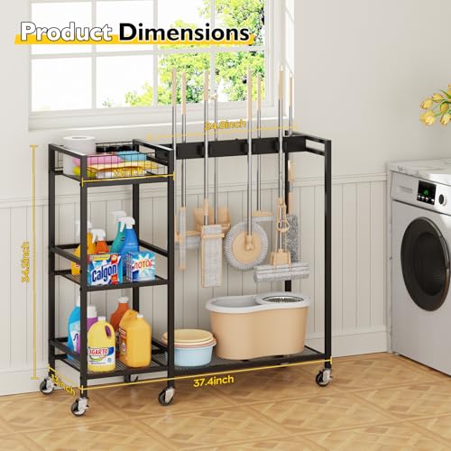 Broom Holder with Cleaning Supplies Organizer, Movable Broom Closet Storage Cabinet with Cleaning Caddy, Cleaning Cart with Mop Rack, Janitorial Housekeeping Cart on Wheels, Laundry Room Organization - size: Large