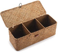 DOKOT Seagrass Woven Storage Basket with Lid, Rectangular Narrow Tampon Toilet Tank Organizer - color: 3 Section with Lid