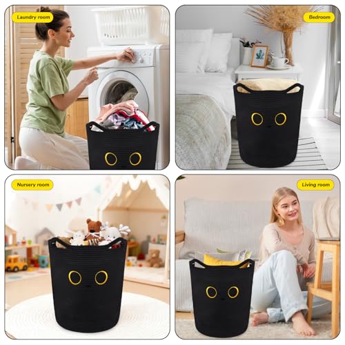 Tall Black Cat Laundry Basket for Nursery, Cute Large Woven Cotton Rope Blanket Storage Basket, Baby 0rganize Blanket Shower Hamper Box with Handles, 53L Clothes Bins, 15"D×18.1"H - color: Black, size: 15 × 18 inches