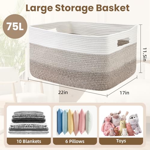 Optish 75L Large Blanket Basket, Woven Storage Baskets with Reinforced Handles, Rope Laundry Basket for Living Room, Bedroom, Nursery, Toys, Clothes, Pillows, 22” x 17” x 11.5”, White & Brown - color: White & Mix Brown, size: 22" x 17" x 11.5"(75L)