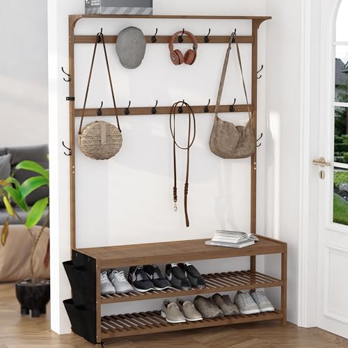 AMBIRD 6-in-1 Bamboo Hall Tree with Shoe Storage, Entryway Organizer Shoe Bench with 16 Coat Hooks and Cloth Bag, Sturdy Bamboo Storage Bench, 46 * 15 * 70 inches Brown - style: Classic, 47''L