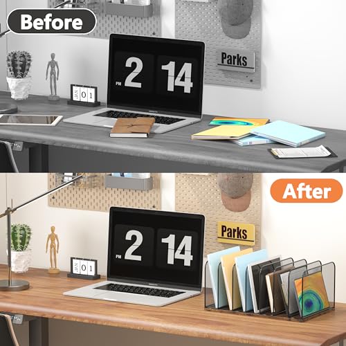 Piskyet Wooden Desk File Organizer, 7-Section Vertical File Folder Holder Stand,Metal Mail Paper Chromebook Organizer for Teacher Desk Office Classroom Desktop Organization - size: 7-Section