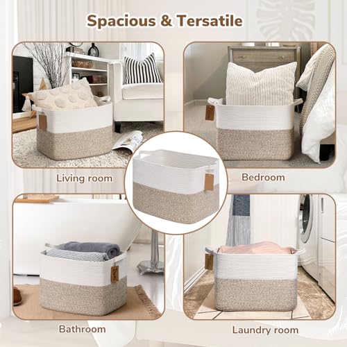 Goodpick Woven Storage Baskets for Organizing, Blanket Basket Living Room, Rope Baskets for Storage, Rectangle Toy Basket With Handles, Brown and White, 18 x 14 x 12 Inches - color: Light Brown, size: 18"L x 14"W x 12"H
