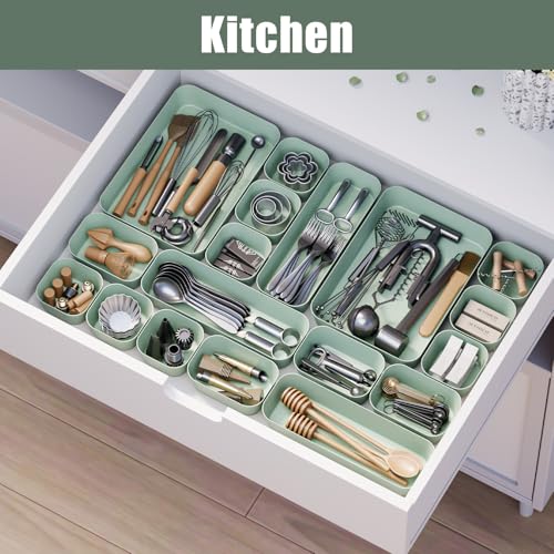 Plastic Drawer Organizers, 18 PCS Drawer Organizer Bins, Bathroom and Vanity Organizer Plastic Tray, Makeup organizer and storage for Makeup, Bedroom, Kitchen Gadgets Utensils and Office - color: Green, size: 18pcs