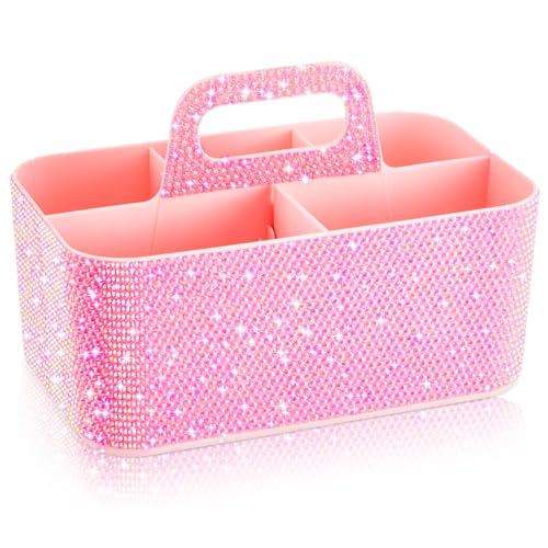 Marspark Bling Makeup Caddy Organizer with Handle, Sparkly Art Craft Holder, Glitter Bathroom Hair Caddy, Shimmer Pen Pencil Holder for Women Desk Organizer, Bling Gifts for Women(Pink,AB Diamond) - color: Pink, style: AB Diamond