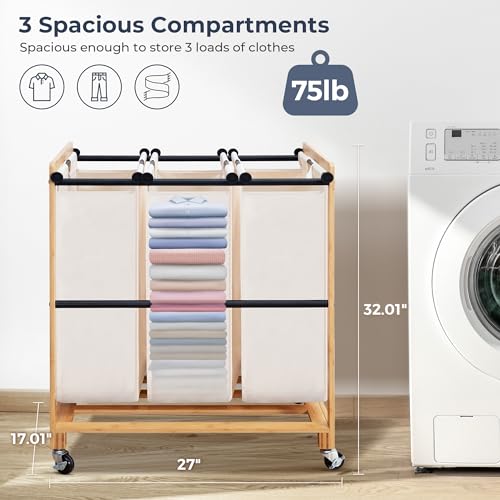 STO STO 3-Section Laundry Sorter with Bamboo Frame, Rolling Laundry Hamper Basket with Removable Bags and Lockable Wheels, Laundry Cart for Clothes Storage in Bedroom & Laundry Room, Beige - size: 3-Section