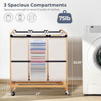 STO STO 3-Section Laundry Sorter with Bamboo Frame, Rolling Laundry Hamper Basket with Removable Bags and Lockable Wheels, Laundry Cart for Clothes Storage in Bedroom & Laundry Room, Beige - size: 3-Section
