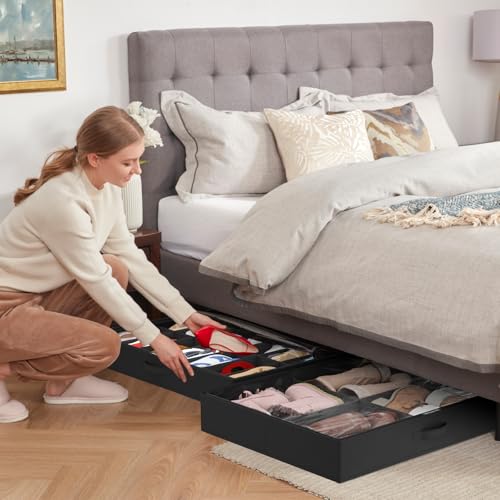 Lifewit Under Bed Shoe Storage Organizer 2 Pack(14 Shoes Cells+4 Boots Cells), 4.3 Inches Profile Fabric Shoes Container Box with Clear Cover, Foldable Storage Bag with 2 Handles, Fits 22 to 36 Pairs - style: 14 Shoes Cells+4 Boots Cells