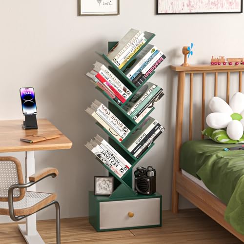 SHEEPAM 8 Tier Tree Bookshelf with Drawer, Free Standing Wood Green Bookcase for Narrow Space, Storage Organizer Bookshelves for Books, Book Case for Home Office, Living Room, Bedroom - color: Christmas Green, size: 8 Tier