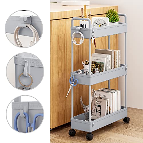 SOLEJAZZ Slim Rolling Storage Cart with Wheels 3 Tier Skinny Bathroom Storage Organizer Thin Laundry Room Utility Cart Space-Saving for Bedside Kitchen Office Small Narrow Places, Gray - color: Grey, size: 3-Tier, 4.76"D