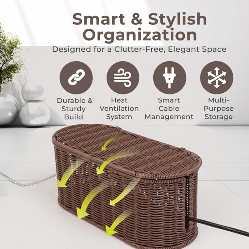 Cable Management Box, Handmade Rattan Cable Organizer, 2 Open Slots Cords Hider Box, Under Desk Cord Organizer for Computer Router USB Hub & Power Strip, Patent Pending, 15.9" x 6.5" x 6.5", Brown - color: Brown, style: Oval
