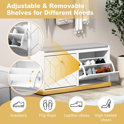 HLR Shoe Bench with Storage, Modern Entryway Bench with 2 Flip Drawer & Padded Cushion Seat, Shoes Storage Bench for Hallway, Closet, Living Room, White Shoe Storage Cabinet with Bench - color: White