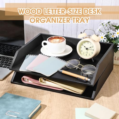 Beeveer 2 Pcs Wooden Letter Tray Wood Letter-Size Desk Organizer Heavy Duty 2 Tier Stackable Support Paper Tray Desktop Drawer File Folder Magazine Office Accessories Back to School(Black) - color: Black