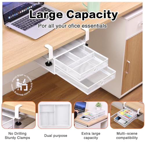 2-Tier Clamp-On Mesh Organizer, Under Desk Storage with Slide-Out Tray, No Drilling Tool-Free Installation, Durable Rust-Resistant Metal, Large-Capacity Organizer. - color: White - 2 Tier