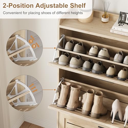 Garvee Shoe Storage Cabinet with 3 Flip Drawers, Freestanding Shoe Organizer Storage for Entryway with 2 Side Hooks, Farmhouse Hidden Slim Narrow Shoe Rack Cabinet, Natural Oak - color: Natural Oak, size: 3-Drawers