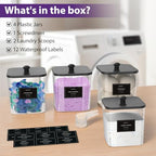 COAZEX 4 Pack Clear Laundry Pods Container, Plastic Square Laundry Room Organization and Storage Jars with Black Lids, Scoops & Labels for Detergent, Powder, Dryer Balls - color: 4 Pack
