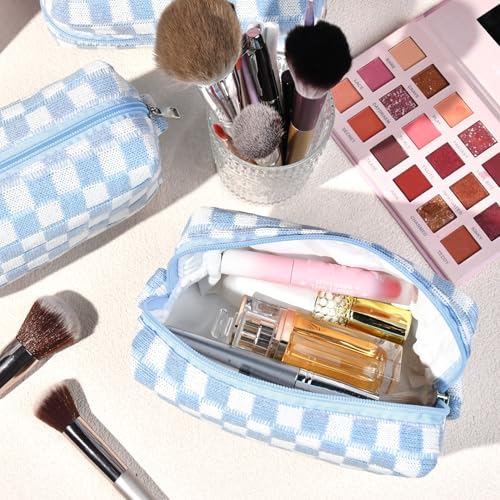 SOIDRAM 2 Pack Checkered Makeup Bag for Women, Cute Makeup Pouch Small Makeup Bag Travel Cosmetic Organizer for Toiletries, Brushes & Skincare - color: Light Blue, size: 2 Pack