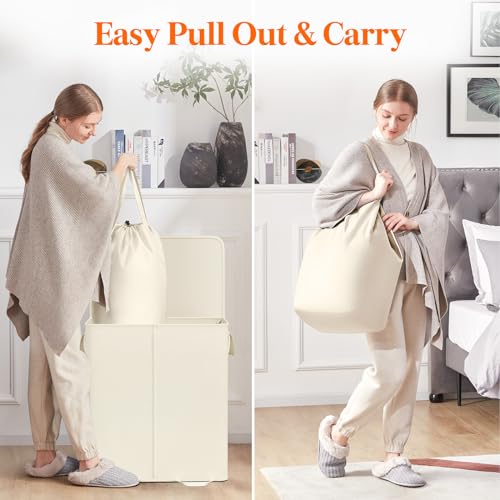 Lifewit Double Laundry Hamper with Lid and Removable Laundry Bags, Large Collapsible 2 Dividers Dirty Clothes Basket with Handles for Bedroom Laundry Room Closet Bathroom College, 155L Ivory White - color: Ivory White, size: 155L
