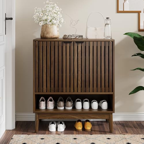 Kiasthome Shoe Storage Cabinet with Adjustable Shelves, Wooden Shoe Organizer, Shoes Rack for Entryway, Hallway, Living Room (Walnut, 27.56" W) - color: Walnut, size: 27.56" W