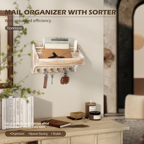 Rebee Vision Pine Wood Rustic Key Holder Wall Mount - Farmhouse 3-Tire Mail Holder with 6 Key Hooks - Multifunctional Wall Organizer for Haning Office Papaer (Natural) - color: Natural