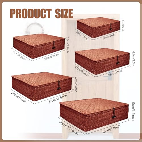 5 Pcs Seagrass Basket with Lid 5 Sizes Decorative Storage Boxes Rattan Wicker Storage Basket with Lids Woven Organizer Baskets Multipurpose Flat Storage Bins for Shelf Closet Bedroom (Dark Brown) - color: Dark Brown