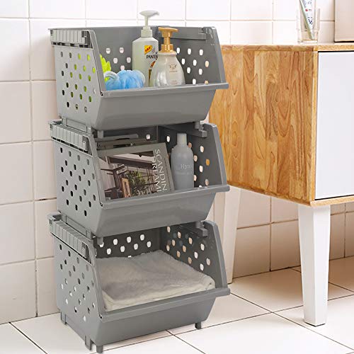 3 Pack Plastic Stacking Organizer Basket, Open Front Large Stackable Storage Bins, Gray