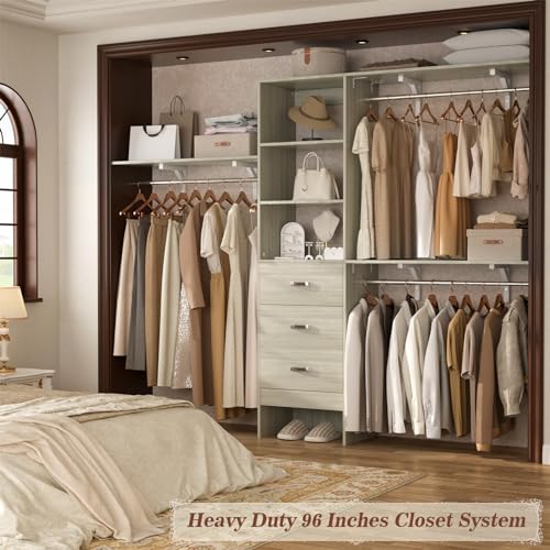 iSunirm 8FT Closet System, 96'' Closet Organizer System with 3 Hanging Rods, Wall Mount Bedroom Wardrobe with 3 Drawers Walk-in Closet, Adjustable Garment Rack from 5 to 8FT(Cut to Fit), White Oak - color: White Oak