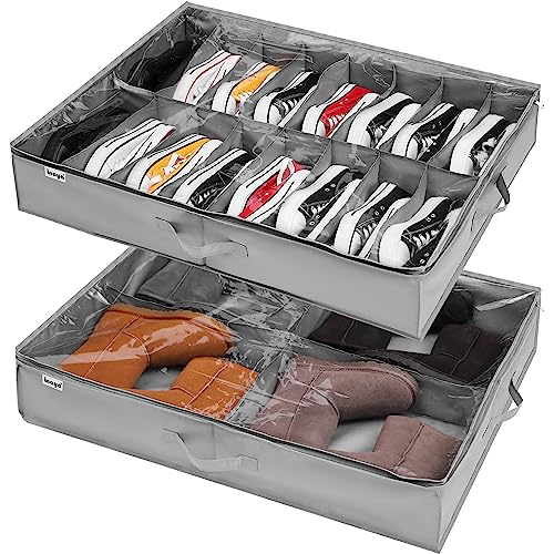 Under Bed Shoe Storage Organizer Set of 2, Fits 16+4 Pairs Boots Total, Underbed Shoe Box Storage Containers w/ Reinforced Handles, Clear Foldable Shoes Organizer Adjustable Dividers w/ Bottom Support - size: 16+4 Cells