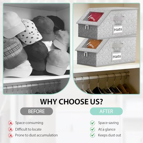 2 PCS Stackable Hat Organizer for Baseball Caps, Clear Window Dustproof Storage Boxes with Cardboard, Holds Up to 30 Caps, Sturdy Closet Hat Storage for Men & Women (Grey)