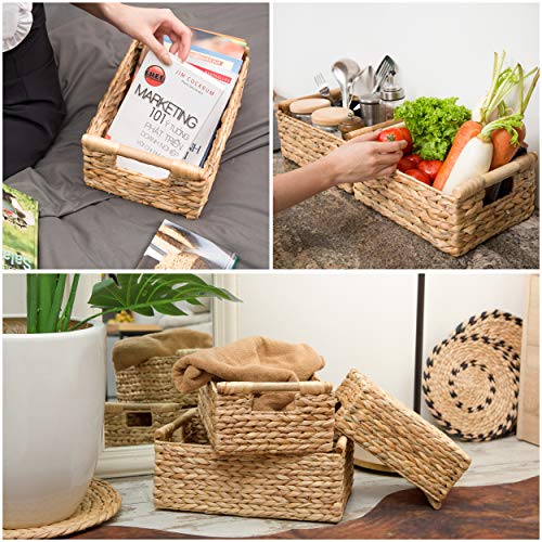 VATIMA Hyacinth Wicker Basket Set 3 size - Rectangular, Wooden Handles, Shelf Organizer, Natural Bins - color: Water Hyacinth, size: Set of 3 (Small, Medium, Large)