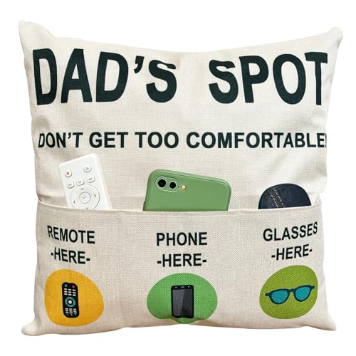 ZUYUROU Dad Gifts Funny 3 Pocket Throw Pillow Cover for Couch Recliner Sofa, Dad's Spot Remote Phone Glasses Holder Organizer Cushion Case, Father's Day Birthday for Dad, 18 x 18 Inch - color: Dad 3-pocket