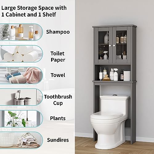 Shintenchi Over the Toilet Storage Cabinet, Bathroom Shelf Organizer with Anti-Tip Device Small Freestanding Space Saver with Adjustable Shelf and Glass Door, Gray - color: Grey, size: Glass Door