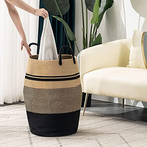 Jute Rope Laundry Hamper by YOUDENOVA, 105L - Woven Collapsible Laundry Basket - Clothes Storage Basket for Blankets organizing, Bedroom Storage, Clothes Hamper – Brown & Black - color: Jute