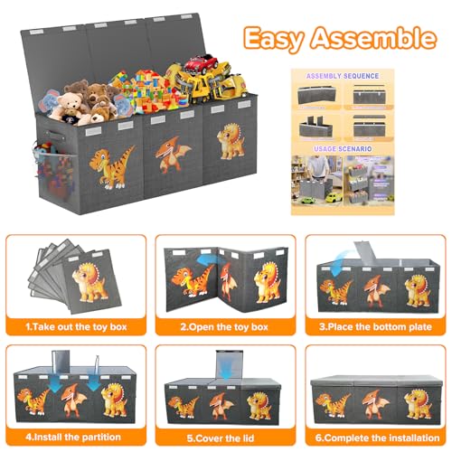 Extra Large Toy Box Chest, Collapsible Sturdy Toy Storage Organizer Boxes Bins Baskets Dinosaur Kids Toy Chest Bin with Lids for Boys Girls Living Room Playroom Bedroom Nursery 41"x14"x16" Gray - color: Grey－3