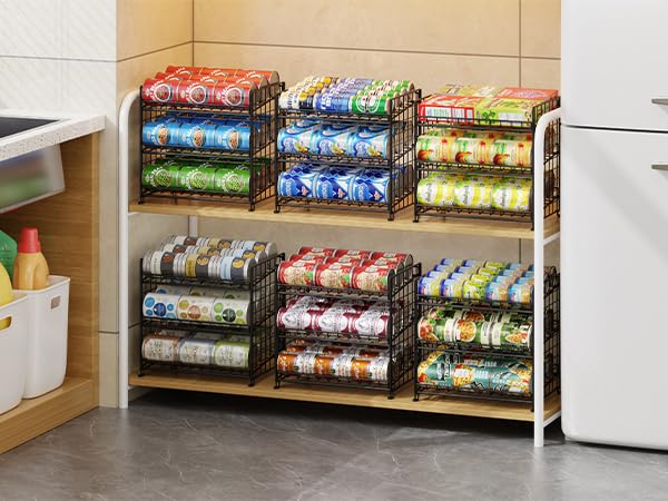 JKsmart 3-Tier Stackable Can Organizer, Storage Can Rack for Kitchen Pantry Cabinet, Holds Up to 72 Cans, Multifunctional Can Dispenser for Snacks Soda - color: Black-2 pack, size: 3 Tier
