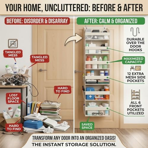 HOMELUX THEORY UPGRADED 6 Tiers Over The Door Organizer Hanging - 100D EXTRA THICK & 50lbs HUGE CAPACITY, 12 Side Mesh Pockets Over The Door Shoe Organizer, Hanging Closet Organizer (Ivory, 1pc) - color: 1. Ivory, size: Standard 1 set
